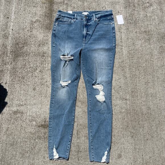 Good American Good Waist Jeans Indigo Distressed Raw Chewed Hem - Picture 12 of 12